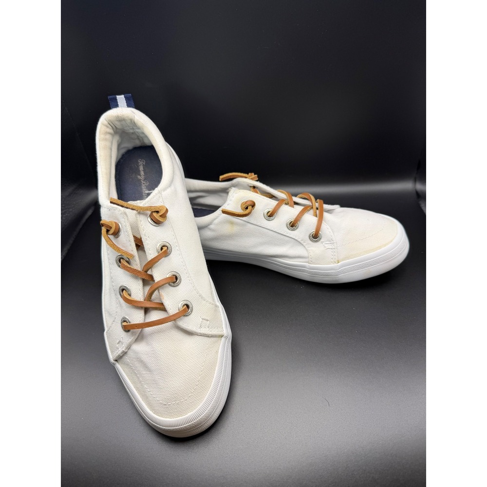 Tommy Bahama Womens White Canvas Low Top Sneakers Leather Laces Striped Heel